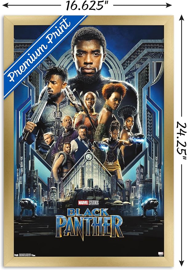 Trends International Marvel Cinematic Universe - Black Panther - Group One Sheet Wall Poster, 14.725" x 22.375", Gold Framed Version