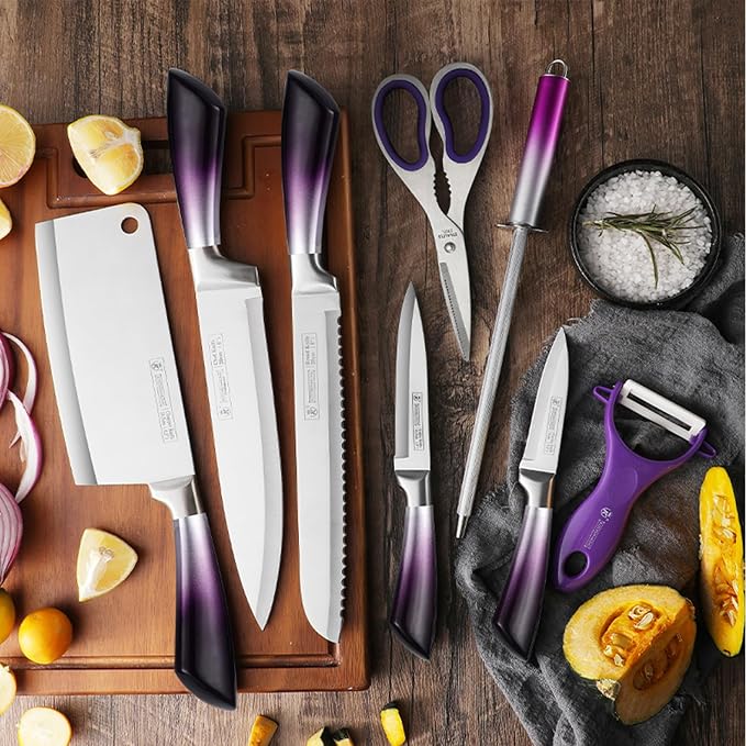 Elegant Purple 9-Piece Kitchen Knife Set with Acrylic Block,Non Stick Sharp Stainless Steel Chef Knives with Sharpener,Gift Ready Cutlery Set for Women