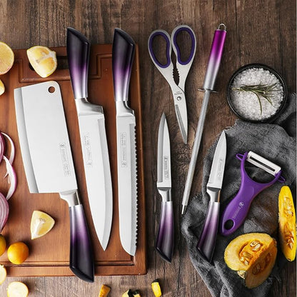 Elegant Purple 9-Piece Kitchen Knife Set with Acrylic Block,Non Stick Sharp Stainless Steel Chef Knives with Sharpener,Gift Ready Cutlery Set for Women