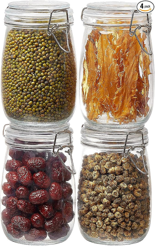 BJONKZ 4 Pack 34 oz Glass Jars with Airtight Lids – Food Storage Containers with Preserving Seal Wire Clip Fastening, Glass Canisters for Kitchen Canning Flour, Cereal, Sugar, Beans (34oz*4)