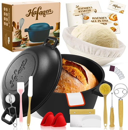 Cast Iron Dutch Oven, 5 QT, Pre-Seasoned with Lid | Sourdough Bread Baking, Multi-Functional Braising, Bread Baking Supplies Set, 11PCS Sourdough Starter Kit