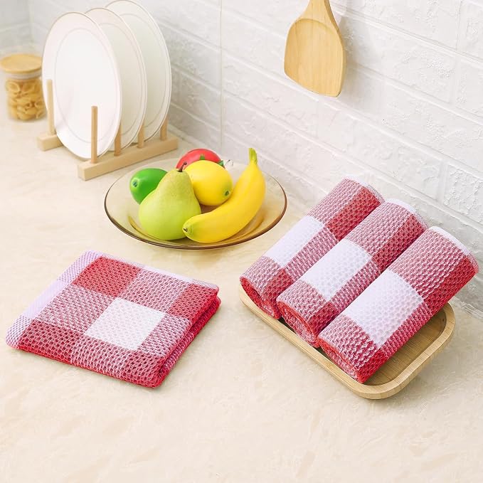 Homaxy Kitchen Towels and Dishcloths Set, 12 x 12 and 13 x 28 Inches, Set of 12 100% Cotton Waffle Weave Check Plaid Kitchen Dish Towels, Super Soft and Absorbent Dish Cloths, White & Red