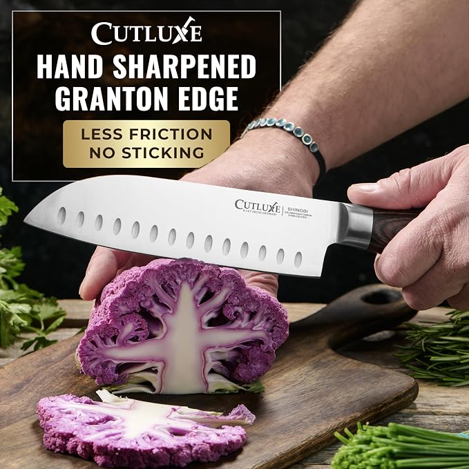 Santoku Knife – Ultra Sharp 7 Inch Meat and Vegetable Japanese Knife for Chopping, High Carbon Stainless Steel Blade, Full Tang Pakkawood Handle – Shinobi Series