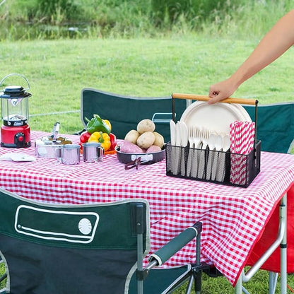 Paper Plate Organizer with Handle, Silverware Caddy Countertop, Paper Plate and Utensil Holder, Cutlery Caddy with 5 Compartments for Party, Camping, Picnic (Black)