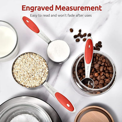 Measuring Cups and Spoons Set: U-Taste 18/8 Stainless Steel 10 Pieces Metal Stacking Kitchen Baking Cooking Food Measure Set 5 Cups 5 Spoons with Strengthened Weld Joints (Red Upgraded Version)