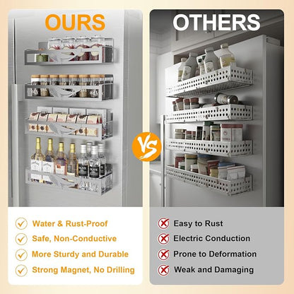 Magnetic Spice Rack for Refrigerator, 4 Pack Metal Magnetic Shelf Organizer for Fridge Side, Strong Spice Storage Rack for Kitchen, Gray
