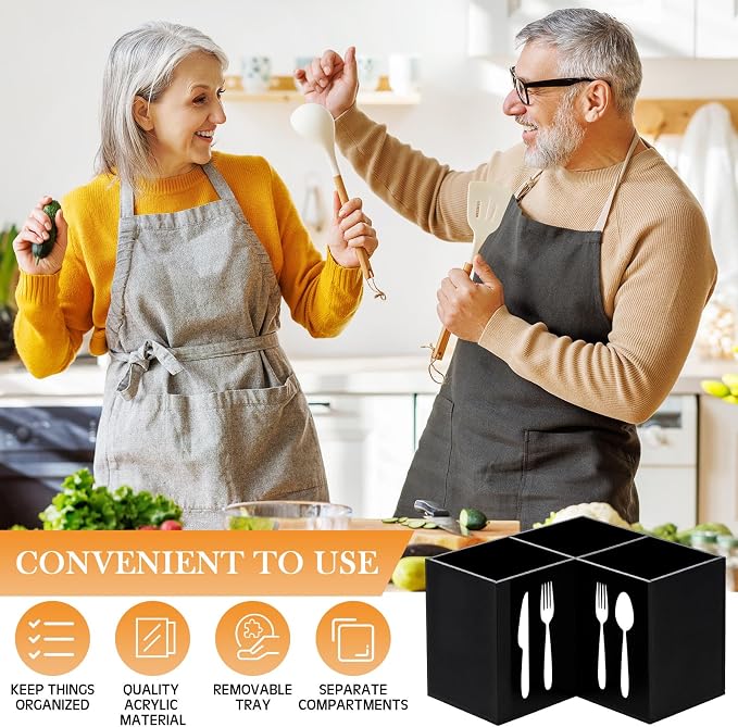 Suzile Acrylic Cutlery Storage Organizer Bin Silverware Caddy Countertop Knife Spoon and Fork Holder Kitchen 3 Section Tableware Storage Box for Cabinet Flatware Dining Room (Triangle,S,Black)