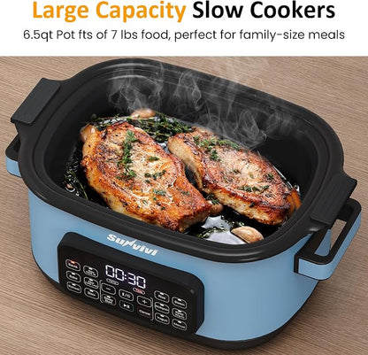 Sunvivi 12-in-1 Multi Cooker, 6.5QT Programmable Slow Cooker with Timer & Temp Control, Auto Warm Setting, Delay Start, Dishwasher Safe Lid & Removable Nonstick Crock, Stainless Steel Rack, Blue