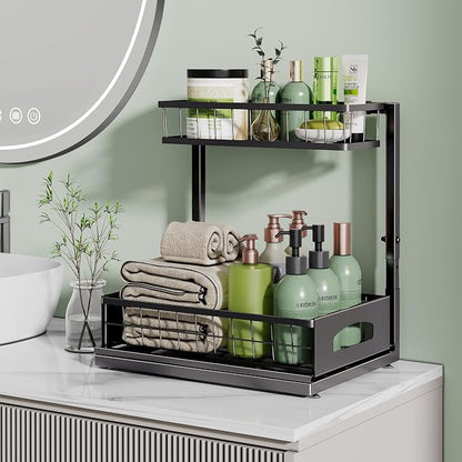 Under Sink Organizer, Cabinet Organizer for Kitchen, Height Adjustable Pull Out Heavy Duty 2 Tier Metal Under Sink Storage for Bathroom Pantry (Black, 1 Pack)