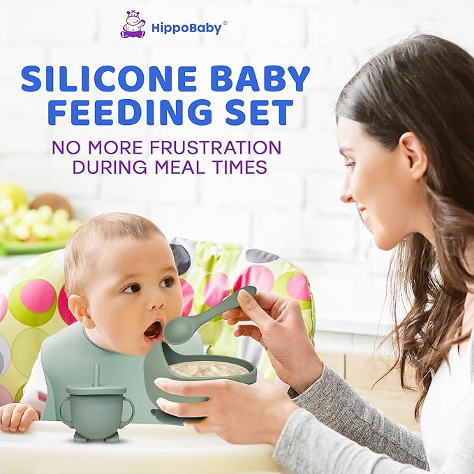 HippoBaby Baby Led Weaning Supplies | 10 Piece Silicone Baby Feeding Set, Baby Toddler Bib Cup Divided Plate and Bowl Self Feeding Spoons Dish Set,Baby Utensils | Toddler Feeding Supplies