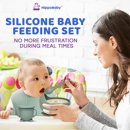 HippoBaby Baby Led Weaning Supplies | 10 Piece Silicone Baby Feeding Set, Baby Toddler Bib Cup Divided Plate and Bowl Self Feeding Spoons Dish Set,Baby Utensils | Toddler Feeding Supplies