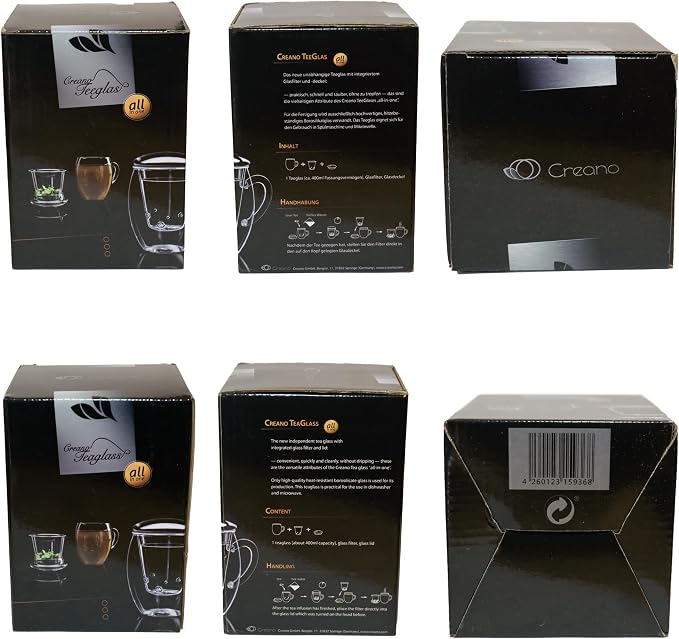 Creano Tea Glass with Infuser and Lid 400ml - Large Tea Cup - Microwave & Dishwasher Safe - Loose Leaf Tea Maker Gift Set
