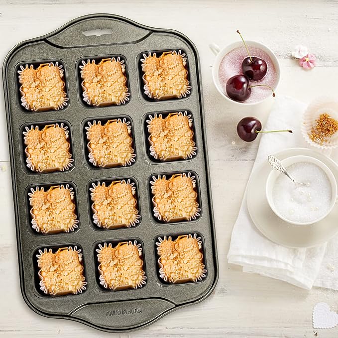 Tosnail 2 Pack 12 Cavity Mini Cheesecake Pan with Removable Bottom, All Edges Brownie Pans, Square Cupcake Muffin Pan, Small Bread Loaf Mold - Square