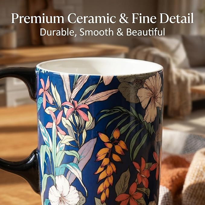 Topadorn 17oz Tropical Hibiscus Ceramic Travel Mug with Lid, Navy Floral Coffee Cup, Exotic Flower Mug, Microwave & Dishwasher Safe, Gift Box Included