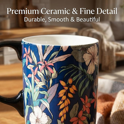 Topadorn 17oz Tropical Hibiscus Ceramic Travel Mug with Lid, Navy Floral Coffee Cup, Exotic Flower Mug, Microwave & Dishwasher Safe, Gift Box Included