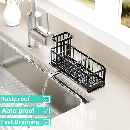 HapiRm Sponge Holder for Kitchen Sink - Self-draining Sink Caddy with Brush and Dishcloth Holders, Stainless Steel Kitchen Countertop Organizers and Storage Essentials - Black
