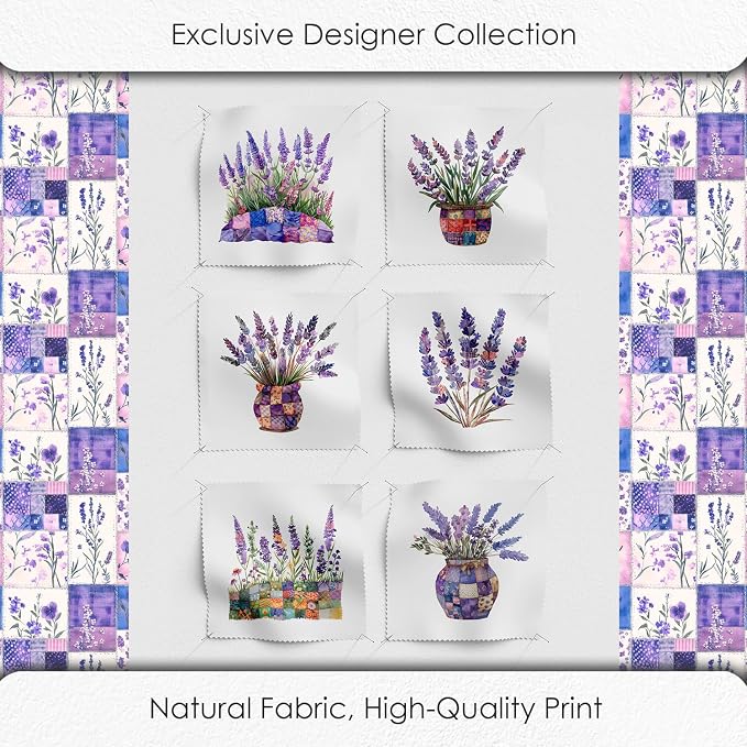Lavender Patchwork Cotton Fabric Panel – 6 Designs (10×10 inch Each) + Bonus Sheet 29.5×19.6 inch, 100% Cotton 140 GSM, Made in Türkiye
