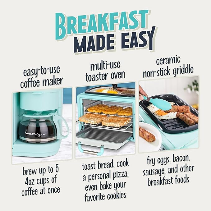 Nostalgia 3-in-1 Retro Breakfast Station - Includes 5 (4 Oz) Cup Coffee Maker, Non-Stick Ceramic Griddle, and 4-Slice Toaster Oven - Built-In Timer, Reusable Coffee Filter, Space-Saving Design - Aqua