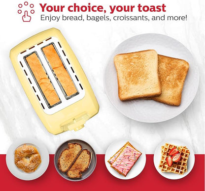 Holstein Housewares 2-Slice Toaster with 7 Browning Settings, Extra-Wide Slots, Reheat, Defrost, Cancel, High-Lift Release, Removable Crumb Tray – Compact Stainless Steel, Yellow