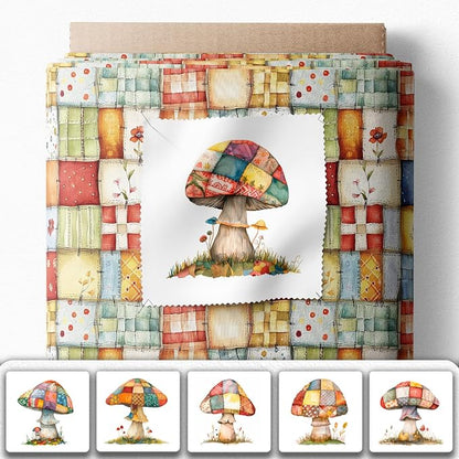 Patchwork Mushroom Cotton Fabric Panel – 6 Designs (10×10 inch Each) + Bonus Sheet 29.5×19.6 inch, 100% Cotton 140 GSM, Made in Türkiye