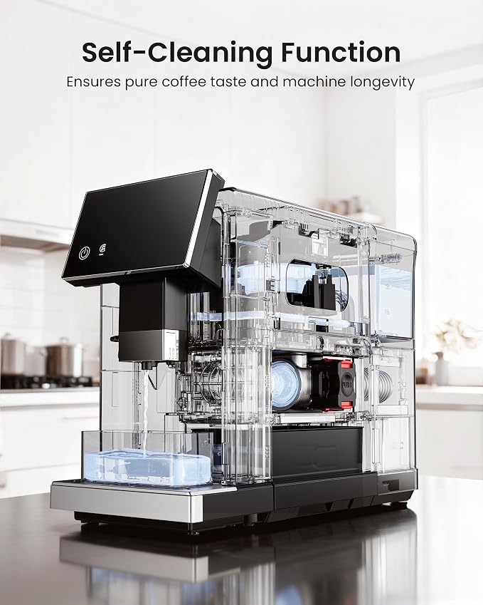 Fully Automatic Espresso Machine with Grinder, 20 Bar Coffee Maker with Milk Frother, Touchscreen Espresso Machine for Cappuccino, Latte & Americano, 15 Grind Settings, Self-Cleaning (Black)