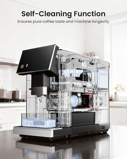 Fully Automatic Espresso Machine with Grinder, 20 Bar Coffee Maker with Milk Frother, Touchscreen Espresso Machine for Cappuccino, Latte & Americano, 15 Grind Settings, Self-Cleaning (Black)