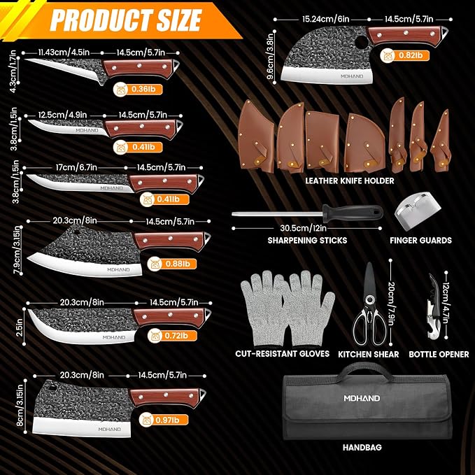 MDHAND Butcher Knife Set, Hand Forged Professional Chef Knife Set with Roll Bag, Sharp Meat Cleaver Knife & Bone Chopper Knives & Fillet Knife for Home Kitchen & Camping BBQ, Gifts for Men Women