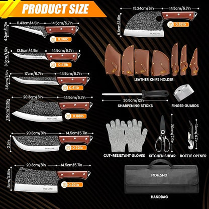 MDHAND Butcher Knife Set, Hand Forged Professional Chef Knife Set with Roll Bag, Sharp Meat Cleaver Knife & Bone Chopper Knives & Fillet Knife for Home Kitchen & Camping BBQ, Gifts for Men Women