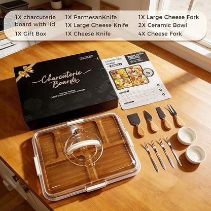 Renmxj Charcuterie Boards with Lid Gift Set, 2 in 1 Travel Portable Cheese Board with Knives Set, Carbonized Bamboo Charcuterie Tray, Housewarming Gifts New Home, Picnic, Wedding Gifts, White Handle