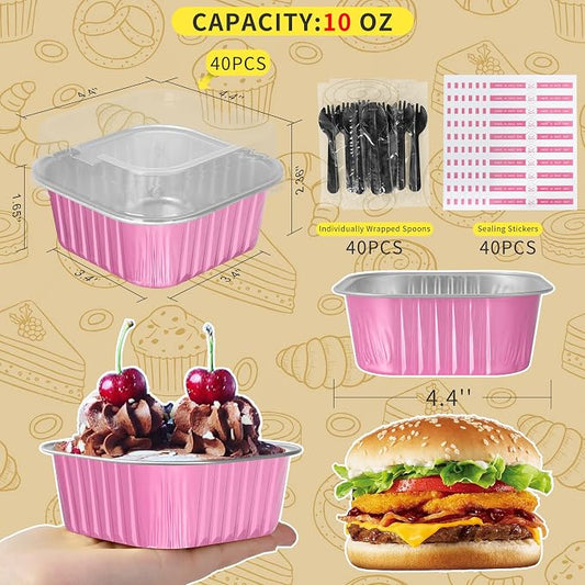 10oz Aluminum Foil Brownie Pans with Lids, 40 Pack Square Cake Pans, Disposable Ramekins Cupcake Cups Containers,Mini Cake Baking Pans,Large Muffin Tin Holder for Catering Gathering - Pink