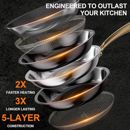 FogDream 10" 11" Stainless Steel Frying Pan with Lid, Honeycomb Hybrid Nonstick Skillet for Induction & All Cooktops, PFAS/PFOA/PTFE Free, Oven Safe to 500°F, Stay-Cool Handle, Dishwasher Safe, Gold