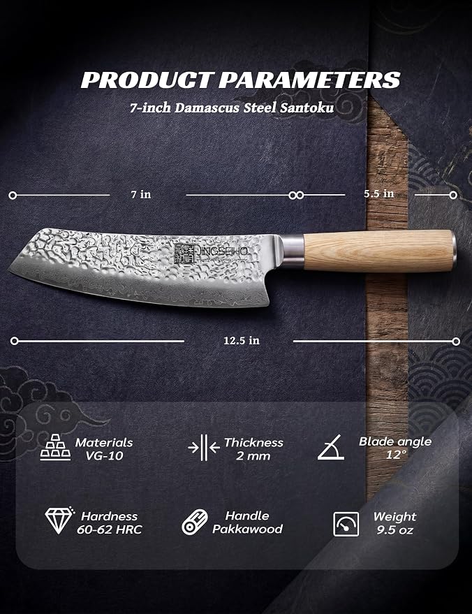Santoku Knife 7 inch, Lab Tested Ultra and Long-lasting Sharp, VG-10 Core HRC60-62 Damascus Stainless Steel, Professional Premium Forged Kitchen Knife