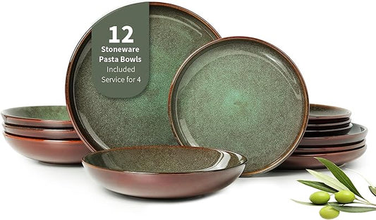 Pokini 12 Piece Dinnerware Sets with Pasta Bowls, Stain Resistant Dish Set, Easy Cleaning Dishes, Multi-Functional Plate and Bowl Set, Stack Compactly Plates, Service for 4 Sage Green