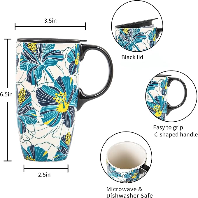 Topadorn 17oz Teal Hibiscus Ceramic Travel Mug with Lid, Floral Coffee Cup with Handle, Spill Resistant Lid, Microwave & Dishwasher Safe, Gift Box Included