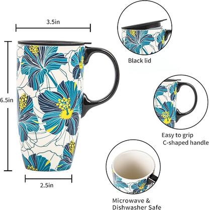 Topadorn 17oz Teal Hibiscus Ceramic Travel Mug with Lid, Floral Coffee Cup with Handle, Spill Resistant Lid, Microwave & Dishwasher Safe, Gift Box Included