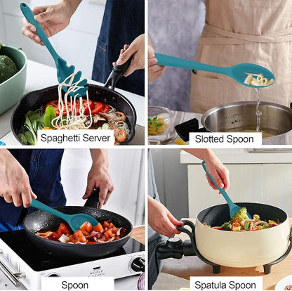 LIANYU 12-Piece Silicone Kitchen Cooking Utensils Set with Holder, Kitchen Tools Include Slotted Spatula Spoon Turner Ladle Tong Whisk, Dishwasher Safe, Dark Blue