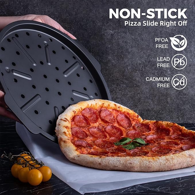 HONGBAKE 2 Pack Pizza Pan with Holes 12 Inch, Nonstick Pizza Tray for Oven with Widen Handles, Hot Air Pizza Crisper Tin, Round Baking Sheet for Frozen & Homemade Pizza, Grey