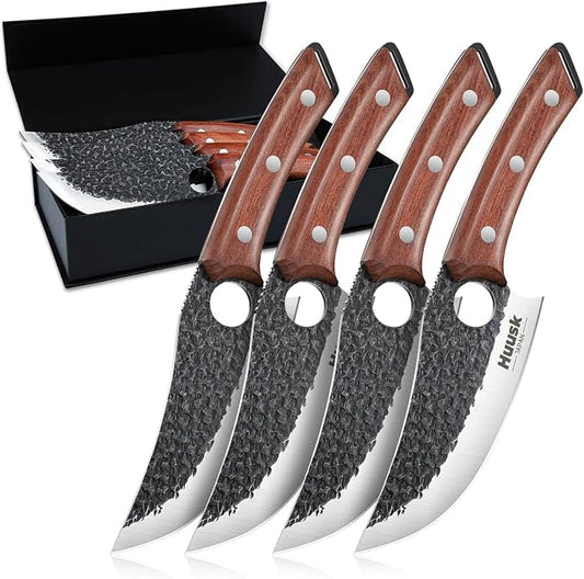 Huusk Viking Knives Set of 4, Japanese Butcher Knife Set for Meat Cutting, Hand Forged Boning Knife with Wood Handle, Japanese High Carbon Steel, for Camping, Outdoor, BBQ, Christmas Gift Idea for Men