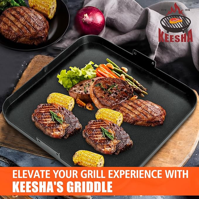KEESHA Premium Nonstick Carbon Steel Griddle with 2 Handles for Recteq Pellet RT-340 Electric Pellet Smoker Grill, Thickened and Taller Edges for Grilling and Stir-Frying, 15.7'' x 15.7''