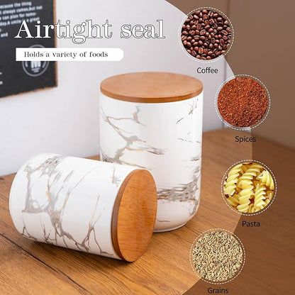 JOJUNO White Ceramic Canister Set with Bamboo Lid – 3-Piece Airtight Food Storage Jars for Kitchen Counter – Glossy Marble Design, Ideal for Flour, Sugar, Coffee, Tea, Spice – Small, Medium, Large
