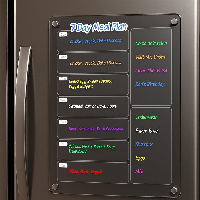 Meal Prep Bundle. Includes 1 Magnetic Acrylic Meal Planner Board, 1 Kitchen Conversion Chart Magnet, and 100 Freezer Labels for Food Storage & Organization