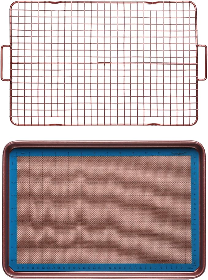 CasaWare 3pc Ultimate Commercial Weight 15 x 10 x 1-inch Cookie Sheet/Cooling Grid/Silicone Mat Bakeware Set (Rose Gold Granite)