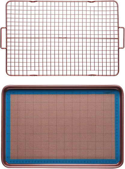 CasaWare 3pc Ultimate Commercial Weight 15 x 10 x 1-inch Cookie Sheet/Cooling Grid/Silicone Mat Bakeware Set (Rose Gold Granite)