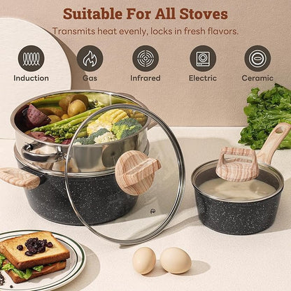 SODAY 17 Pcs Pots and Pans Set Non Stick Kitchen Cookware Sets Nonstick Induction Cookware Non-toxic Black Granite Cooking Tools with Stay-Cool Handles, Pot Protectors (PFOS/PFOA Free)