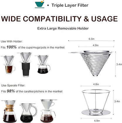 Pour over Coffee Dripper, Triple Layer Stainless Steel Cone Coffee Filter, 4 Cup Non-Electric Manual Portable Drip Coffee Maker, Metal Cone Cafe Coffee Dripper