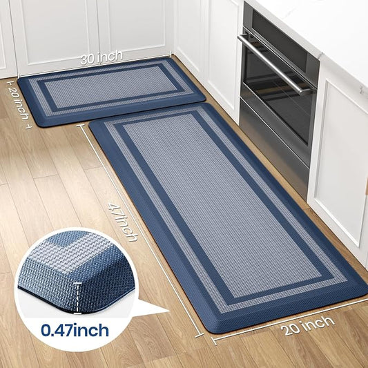 KitchenClouds [2 PCS Kitchen Rugs Cushioned Anti-Fatigue Kitchen Mats for Floor Waterproof Kitchen Rug Set Non-Slip Comfort Standing Mat for Office, Sink, Laundry 20"×30"+20"×47",Blue