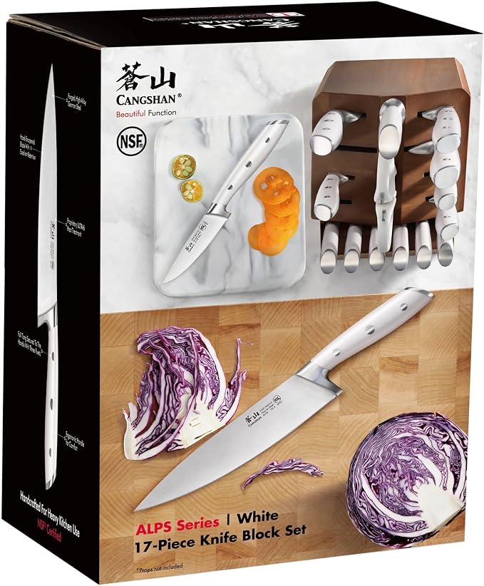 Cangshan Alps Series German Steel Forged 17-Piece Knife Block Set, Acacia (White)