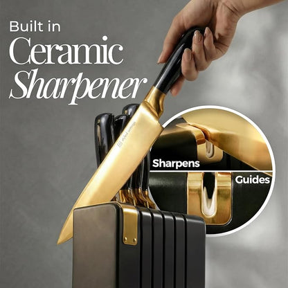 Black and Gold Knife Set - Knife Set with Magnetic Block, Knife Set with Block and Sharpener, Space Saving Convertible In Drawer Knife Block, German Stainless Steel Kitchen Knives