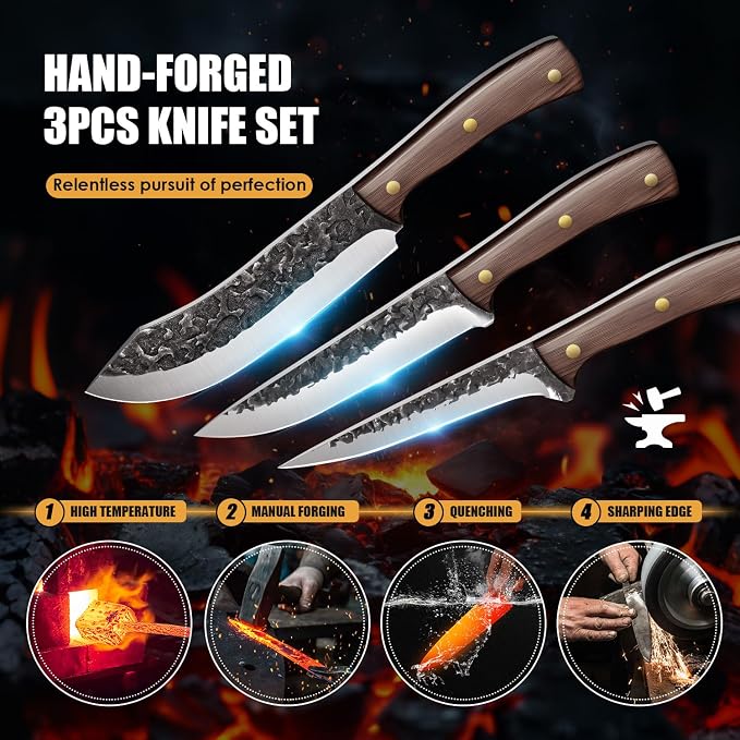 Chef Knife set 3Pcs, Professional Kitchen Knives, Sharp Butcher knife sets, Hand-forged High Carbon Steel Fillet Knife Meat Cleaver Viking Boning knife for Cooking, Gift Box