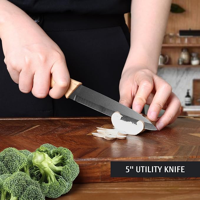 hecef Vintage Kitchen Knife Set of 3, Stainless Steel Blade with Black Non-stick Coating, Sharp Kitchen Knives Includes Santoku, Utility, Paring